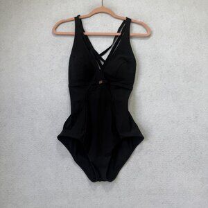Amoressa Swimsuit Womens 14 Black One Piece Crossback Built In Bra Padded Lined
